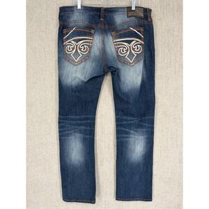 Affliction Jean Men 36 Blue Ace Straight Whisker Embroidered Thick Stitch Grunge